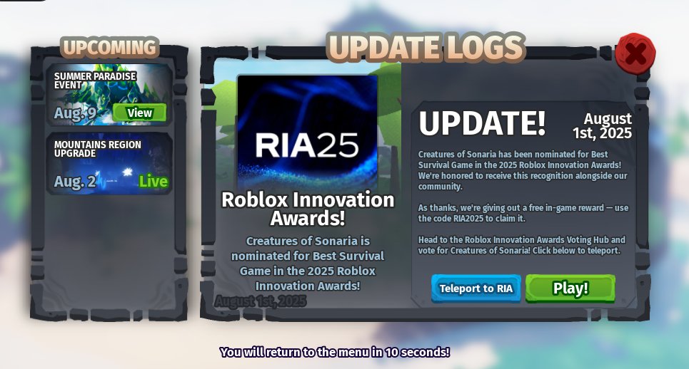 We'll be adding a proper post later this week but Creatures of Sonaria has been nominated for "Best Survival Game" in the 2025 Roblox Innovation Awards! 🎉

To celebrate we'll be releasing a code to obtain the Star Rain Material Palette! Use "RIA2025" to claim it in-game! ✨