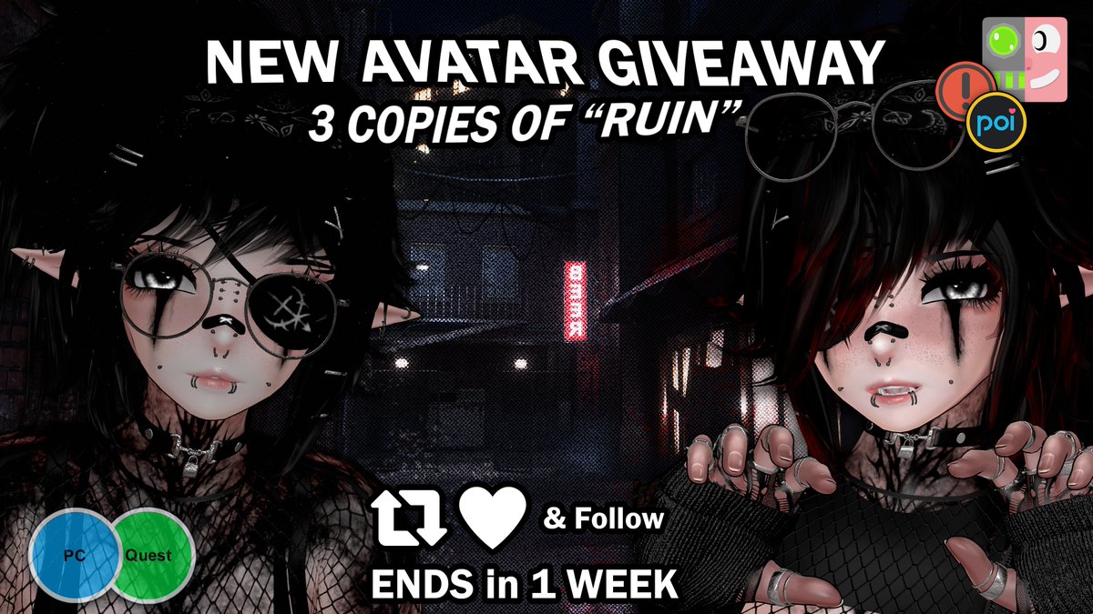 A #VRChat Avatar #Giveaway &lt;3
Three copies of RUIN! (Link in replies)

To enter: 
• Like + Repost
• Follow <a href="/CigiVR/">Cigi</a> 

Ends in One Week