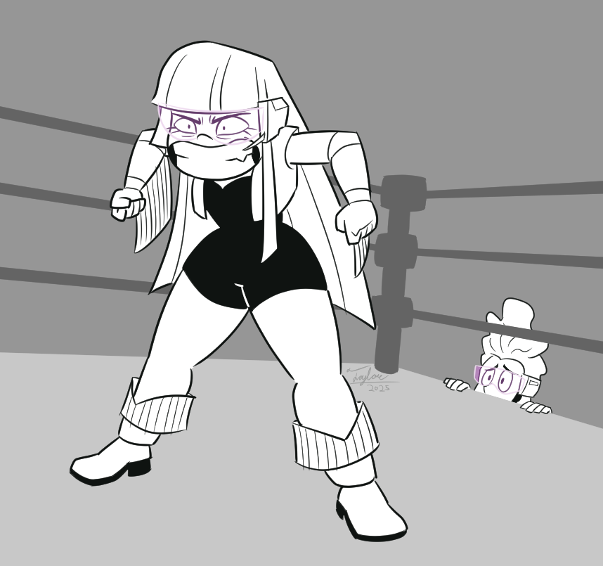 ProductionsFoot's tweet image. Taylor here. I'm still learning how to cut loose in my art, especially for prompts I got from followers AGES ago... Anyway, here's another of those I just now finished!

Yeah, it's another Glitch Techs one. I think the prompt was simply "wresting tournament".