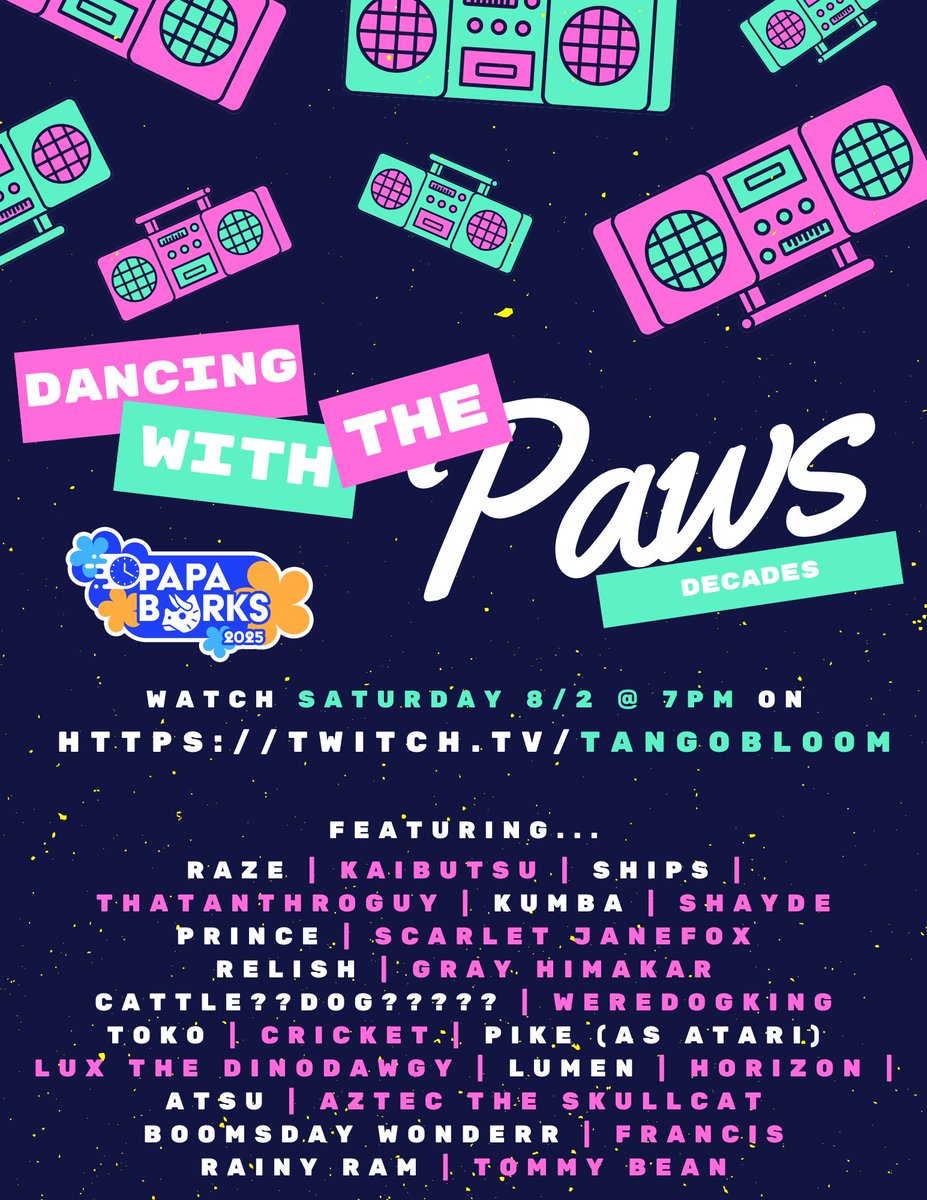 TangoBloom's tweet image. Presenting your totally tubular Dancing With the Paws: Decades Cast List! These 24 fursuit dancers will take the stage at the Bloom &amp;amp; Board Resort to help raise money for @PapaBarksALS!

Tune in Saturday, 8/2 at 8PM EST on twitch.tv/tangobloom to catch all the radical dancing!