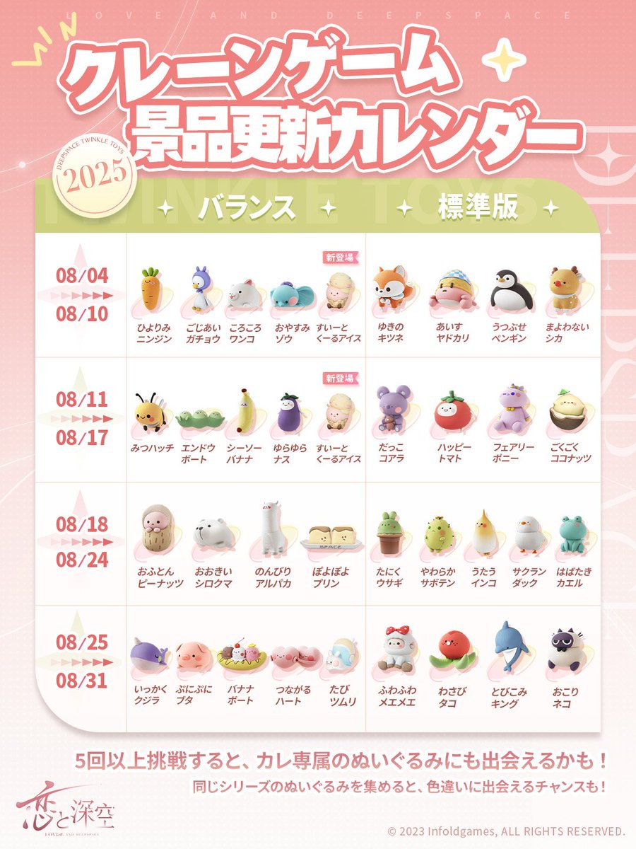 楽しいお出かけ：クレーンゲーム】 景品のぬいぐるみの8/4-8/31の入荷