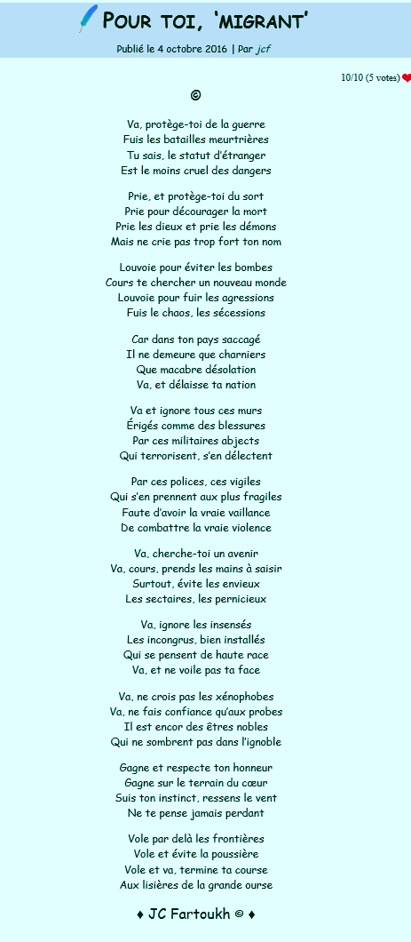 les_ecrits_fr's tweet photo. Pour toi, "#migrant" JC.#Fartoukh
#Prie et protège-toi du #sort
Prie pour #décourager la #mort
Prie les #dieux et prie les #démons
Mais ne crie pas trop fort ton…
#Lire=>https://t.co/JEfnMqFK1p
#lesecrits #Écrits #Poème #Poésie #IN #PourToiMigrant
#Suite=>https://t.co/BHGIFvtmPd https://t.co/DMChPU1y52