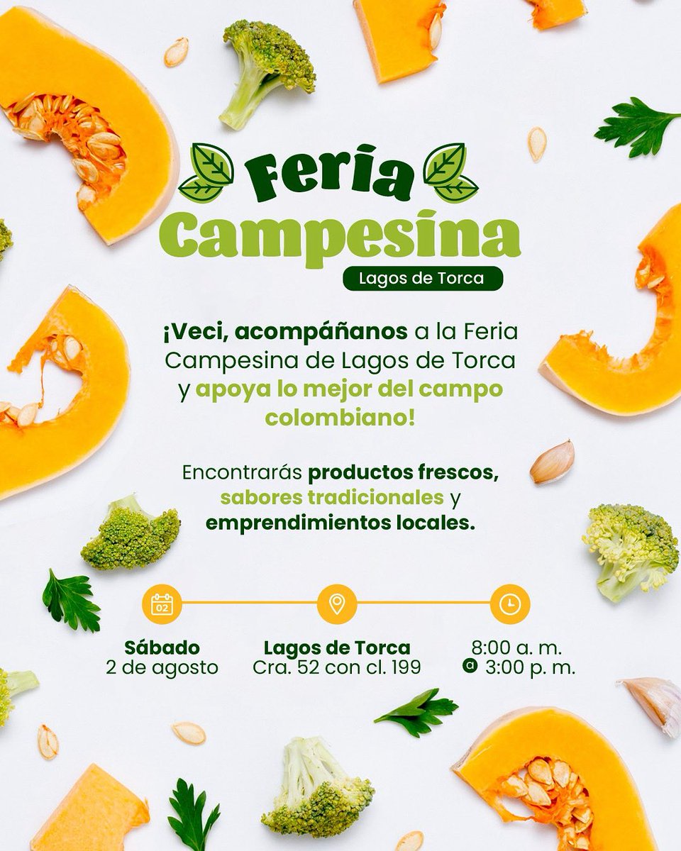 #VenASuba ¡Veci, este sábado tienes una cita con el campo colombiano! 🧄🍠

Acompáñanos a la Feria Campesina de Lagos de Torca y apoya a nuestros productores locales.

Disfruta de productos frescos, sabores tradicionales y emprendimientos locales.