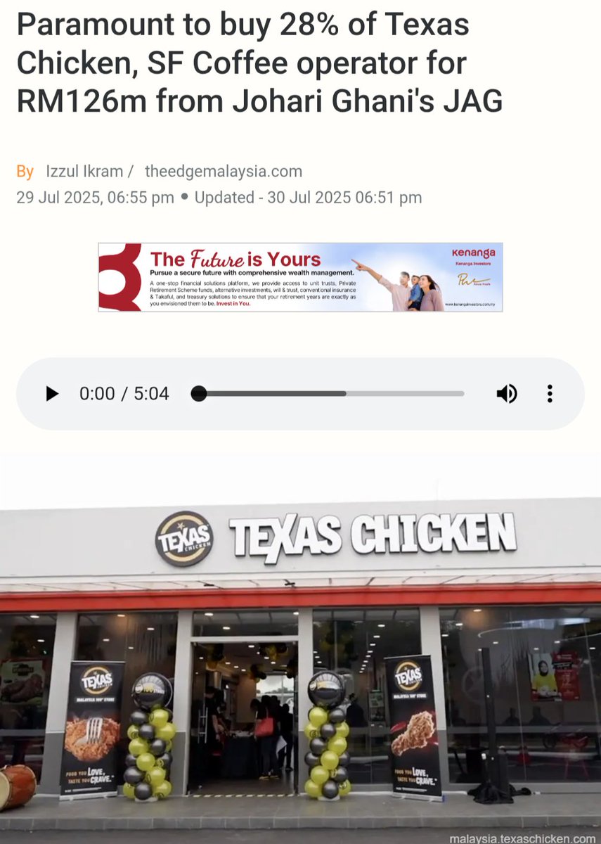 Sebelum orang tuduh ada menteri buat duit zaman Madani ni baik kita cerita awal-awal.

JAG Capital ni owner dia Dato Jo.

JAG = Johari Abdul Ghani.

Takda apa dia sorok. ✅

Bila sekian lama orang boikot Mcd &amp; KFC, so Texas Chicken jadi maju.

JAG ada saham dalam syarikat yg