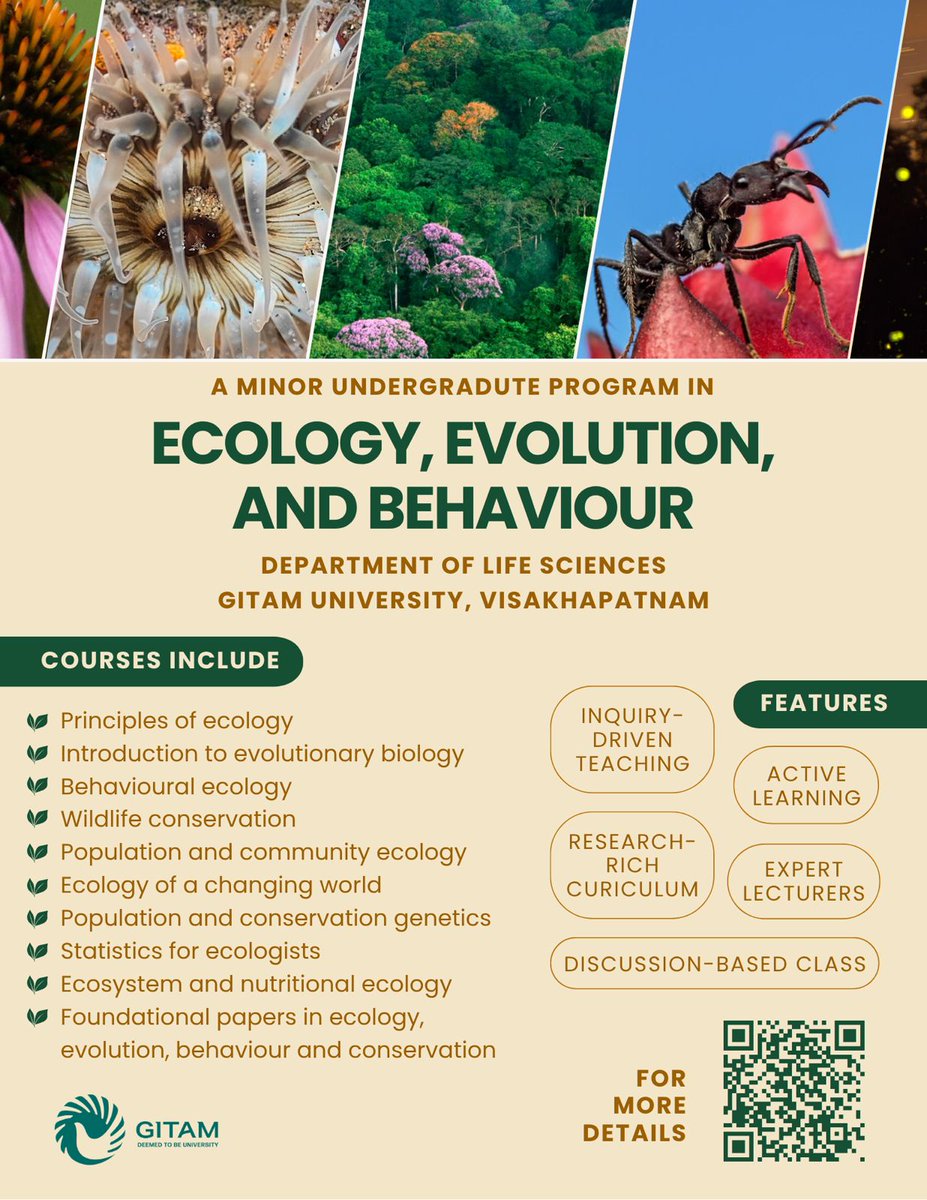 Viraj Torsekar | विराज तोरसेकर (@torsay) on Twitter photo Thrilled to announce the launch of a new undergraduate minor in Ecology, Evolution, and Behaviour (EEB) at <a href="/GITAMUniversity/">GITAM Deemed University</a> (Vizag)!
Admissions are still open for 2025-26: apply.gitam.edu
For more details check torsekar.in/ecology-evolut…
Please help us spread the word! Thrilled to announce the launch of a new undergraduate minor in Ecology, Evolution, and Behaviour (EEB) at <a href="/GITAMUniversity/">GITAM Deemed University</a> (Vizag)!
Admissions are still open for 2025-26: apply.gitam.edu
For more details check torsekar.in/ecology-evolut…
Please help us spread the word!