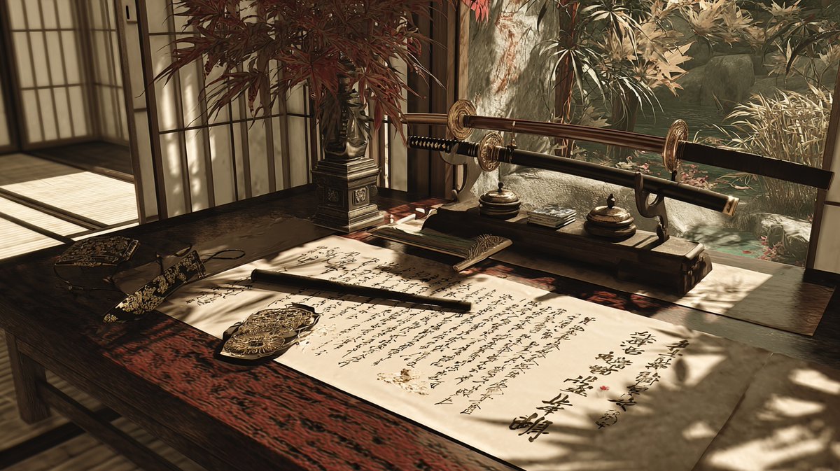 BisdakGamers's tweet photo. Samurai Feudal Japan Desk (tatami mat, ink brush, katana display, shoji screens) https://t.co/rbHRW2SkZj