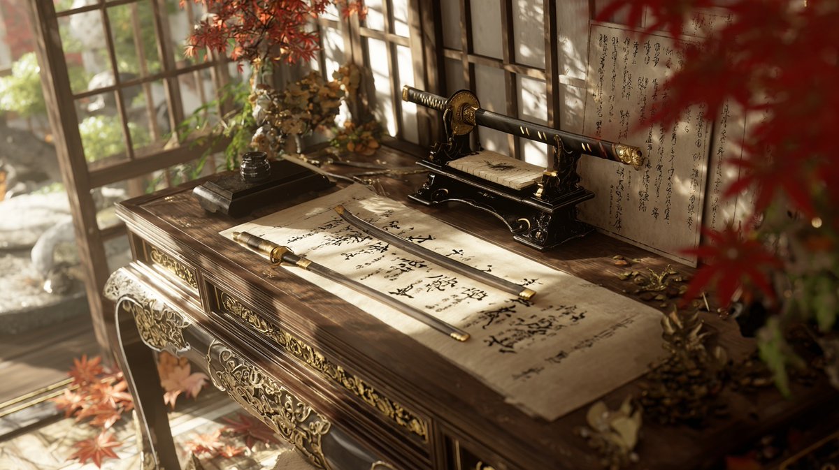 BisdakGamers's tweet photo. Samurai Feudal Japan Desk (tatami mat, ink brush, katana display, shoji screens) https://t.co/rbHRW2SkZj