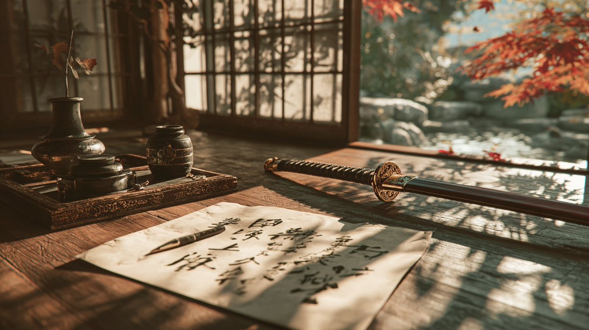 BisdakGamers's tweet photo. Samurai Feudal Japan Desk (tatami mat, ink brush, katana display, shoji screens) https://t.co/rbHRW2SkZj