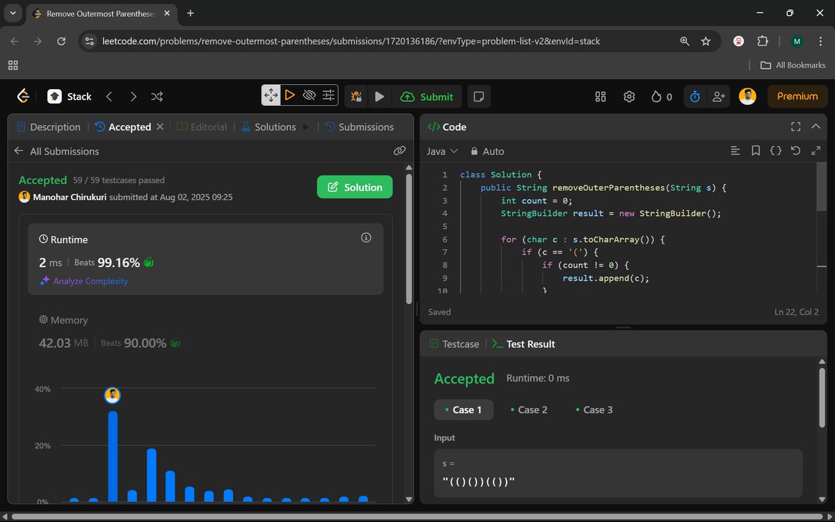 Manohar2909's tweet photo. 🚀 63/100 Keep Showing Up, Keep Getting Better!
#100DaysOfCode

1021. Remove Outermost Parentheses
 1544. Make The String Great

#Day63 #LeetCode #JavaProgramming #CodingChallenge #DSA #StringManipulation  #ProblemSolving #TechJourney #SoftwareEngineering #CleanCode #connect https://t.co/PgMUYWE3lC