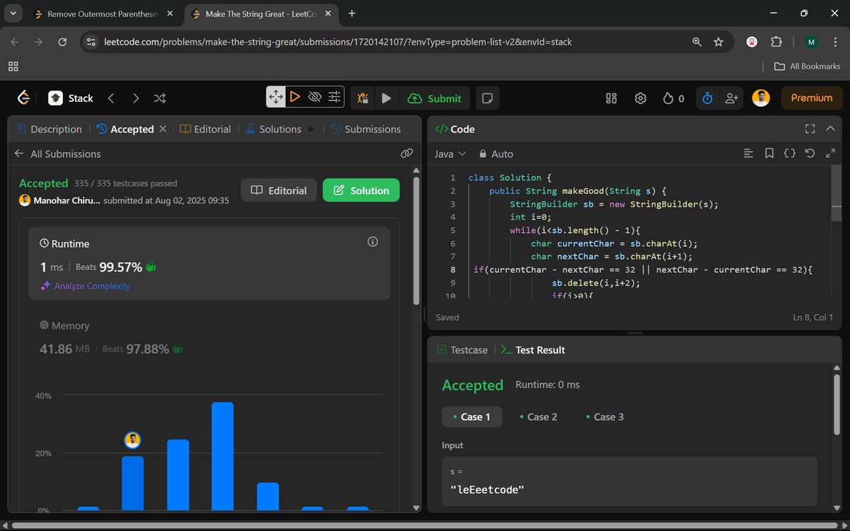Manohar2909's tweet photo. 🚀 63/100 Keep Showing Up, Keep Getting Better!
#100DaysOfCode

1021. Remove Outermost Parentheses
 1544. Make The String Great

#Day63 #LeetCode #JavaProgramming #CodingChallenge #DSA #StringManipulation  #ProblemSolving #TechJourney #SoftwareEngineering #CleanCode #connect https://t.co/PgMUYWE3lC