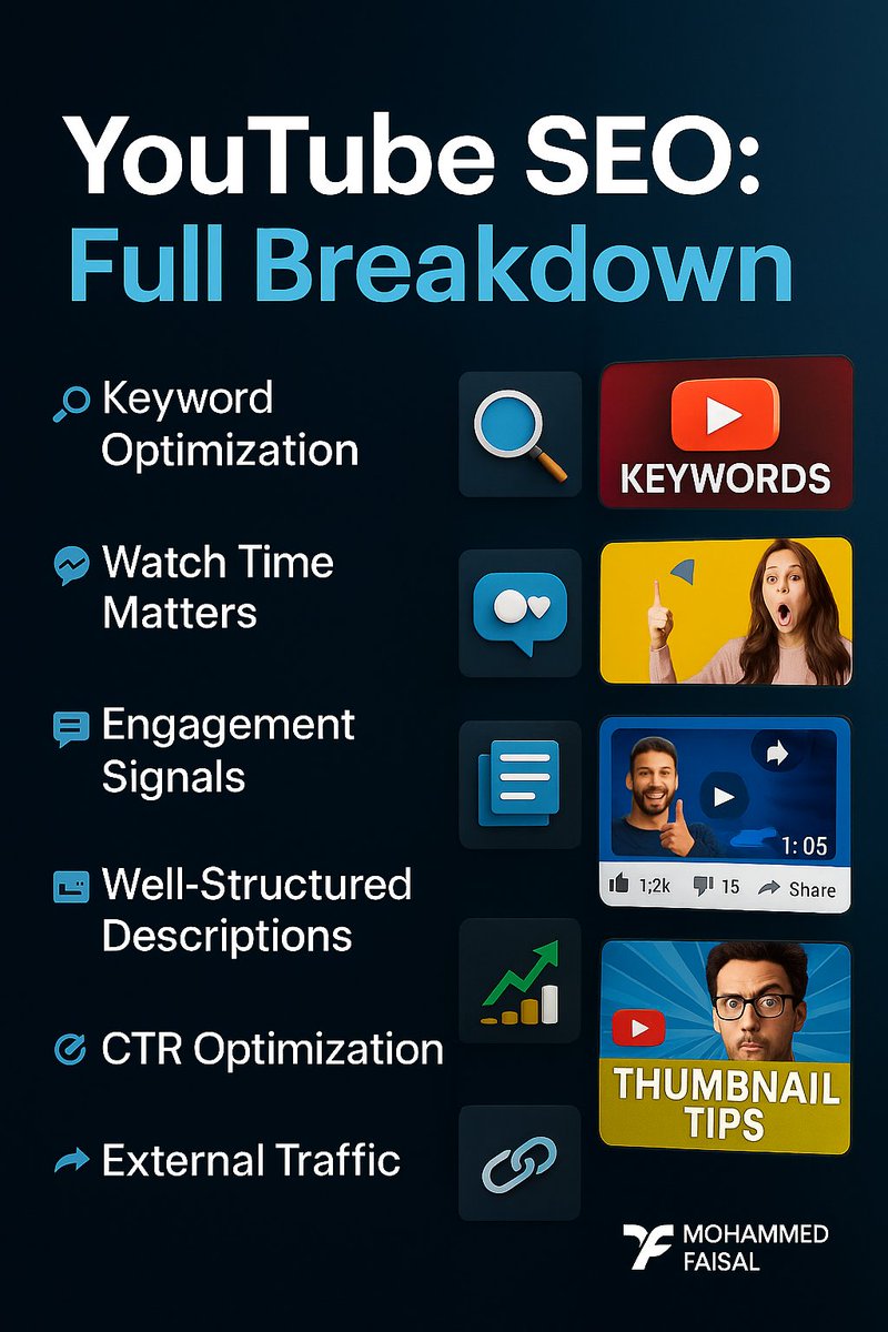 FahimFaF's tweet photo. 🚨 Do you want YouTube to rank your videos higher?

What matters is this:
Long viewing duration ✔️ Title + Tags ✔️ Comments, Likes, Shares ✔️ Timestamps &amp; Chapters ✔️ CTR-boosting Thumbnails ✔️ External traffic
YouTube SEO is your constant growth engine.
#YouTubeSEO #YouTubeTips https://t.co/zxxnYRKtKv
