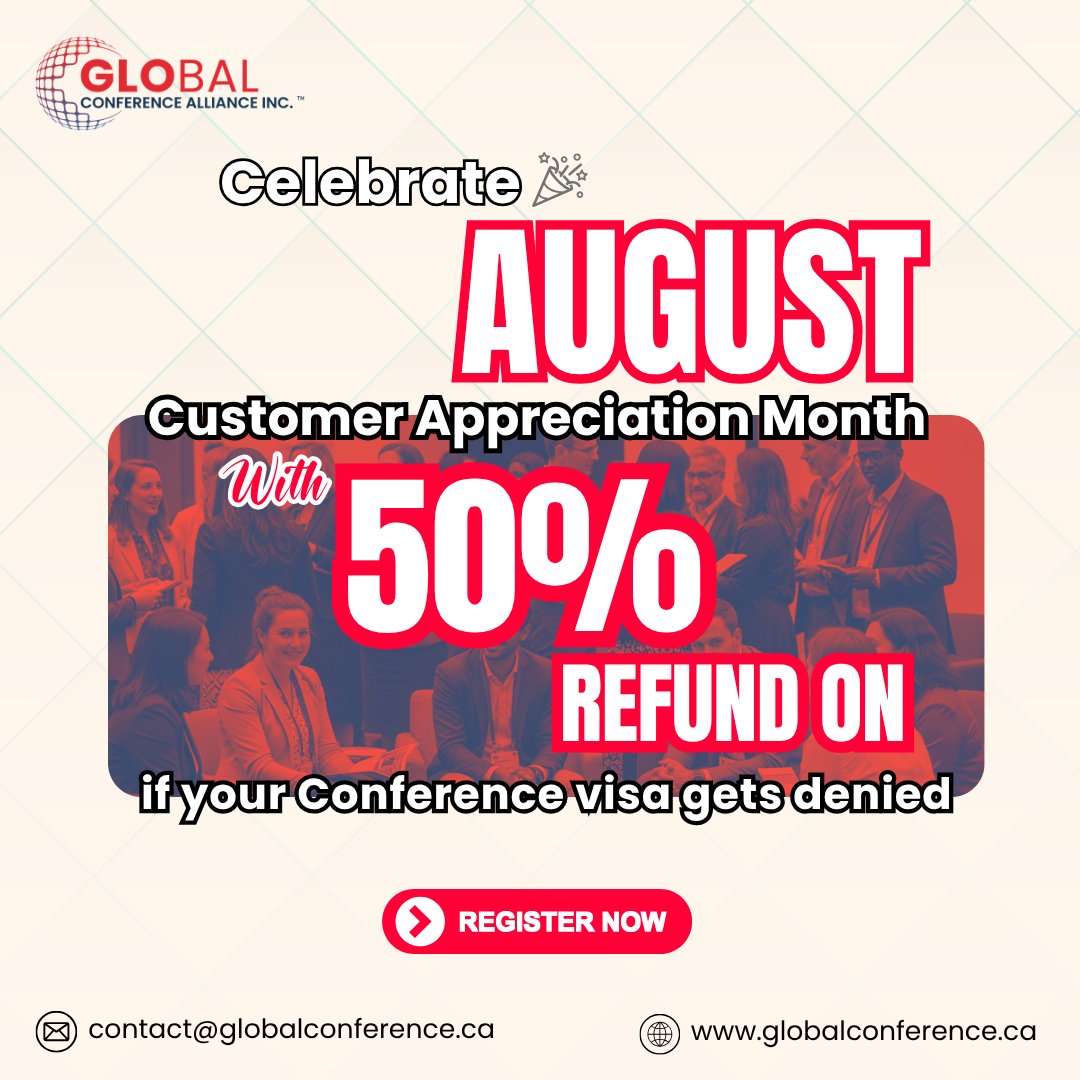 GCA_Events's tweet image. Global Conference Alliance Inc. is celebrating YOU — our valued global participants — with a special offer all month long! 📅 From August 1–31, 2025.

✅ If your conference visa is denied, you’ll receive 50% of your registration fee back.

#CustomerAppreciationMonth #AugustOffer