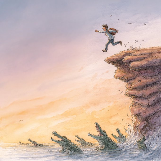 A young person leaping off a cliff with crocodiles below, symbolizing the risks and rewards of crypto investment