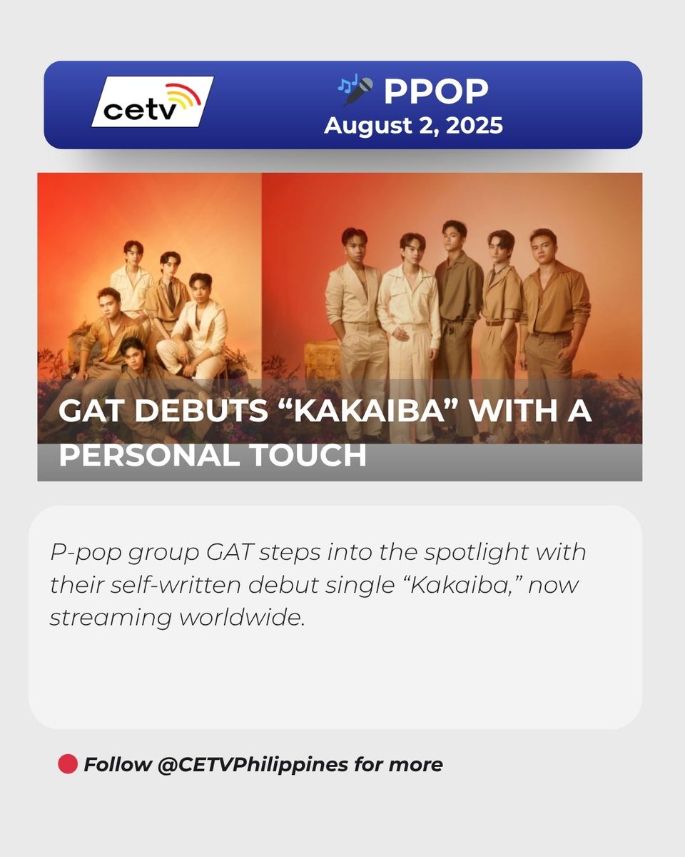 Viral P-pop group GAT just dropped their debut single “Kakaiba”—and it’s written by the boys themselves! 🔥 From dance craze kings to full-fledged artists, they’re ready to shine. ✨

📲 Read more on the FB page of CETV Philippines.

#SeeItOnCETV #OnwardAndFOURward #GATKakaiba