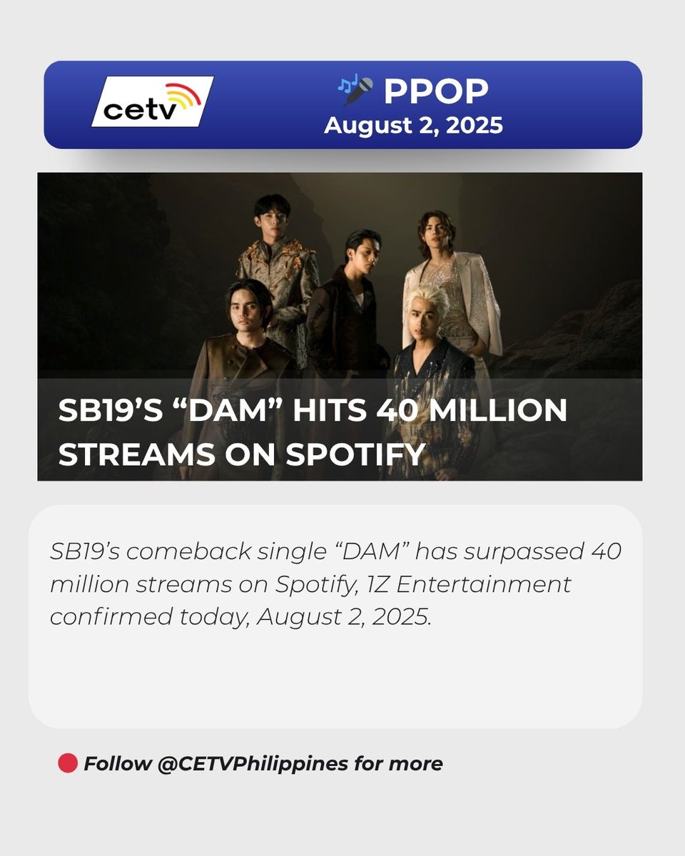 SB19’s comeback single “DAM” just hit 40 MILLION Spotify streams! 🌊 While wrapping up their SOLD OUT U.S. tour in Hawaii, the group gears up for their PH return at Acer Day 2025.

📲 Read more on the FB page of CETV Philippines.

#SeeItOnCETV #OnwardAndFOURward #SB19SaW