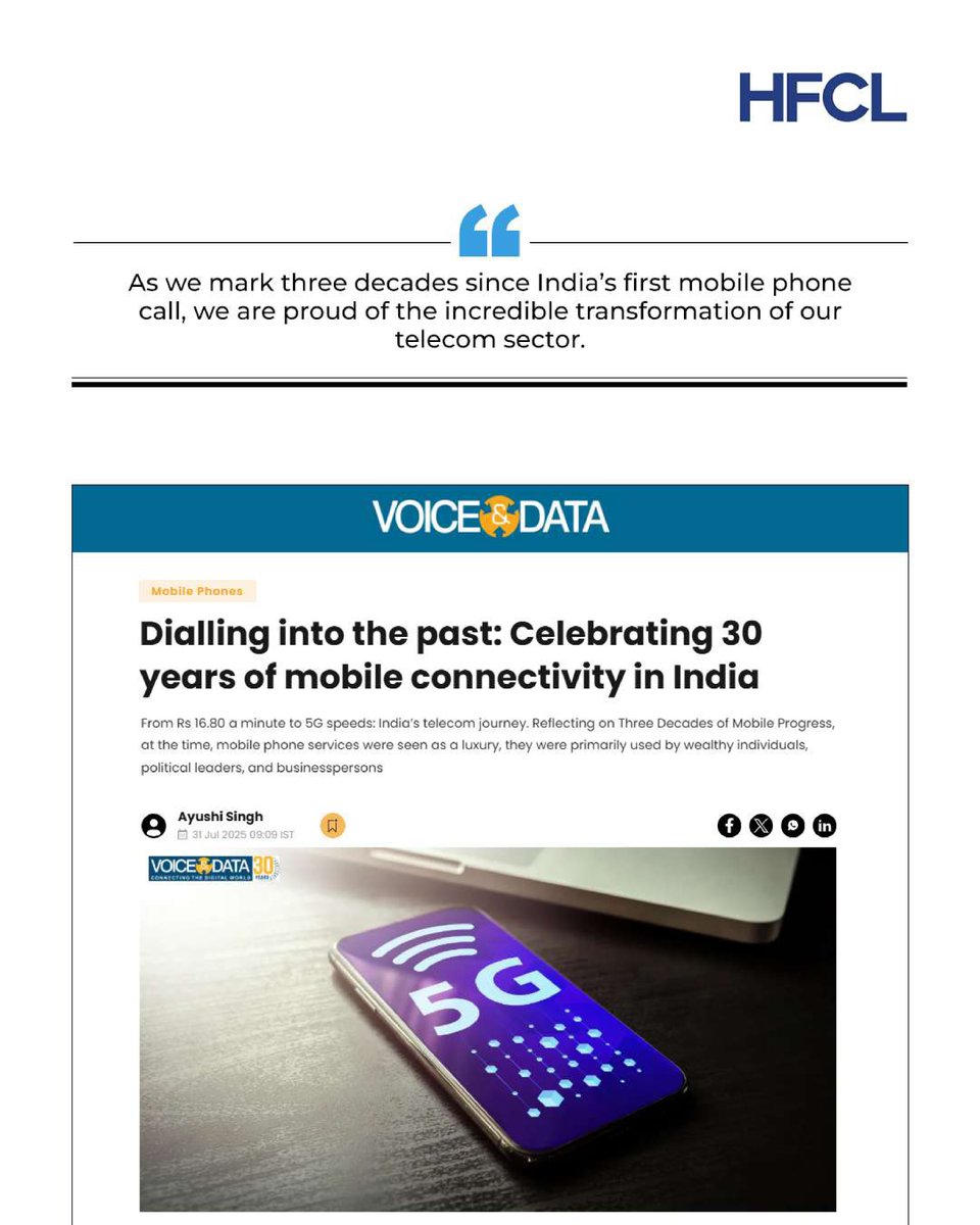 30 Years of Mobile Connectivity | A Journey of Innovation and Impact

From the first mobile call in 1995 to leading the 5G era — India’s telecom sector has transformed at an unprecedented pace. At HFCL, we’re proud to have played a role in this journey with indigenous,