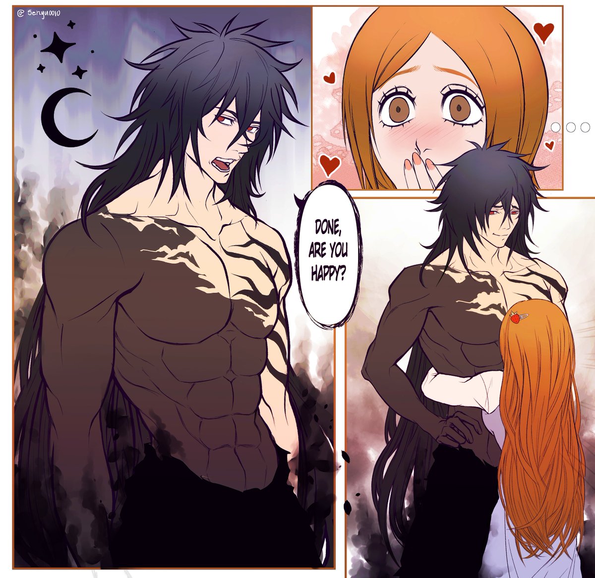 I headcanon that Ichigo with his fully mastered powers can change into what form he likes at will. Orihime likes when he changes into Mugetsu &lt;3 #ichihime #BLEACH