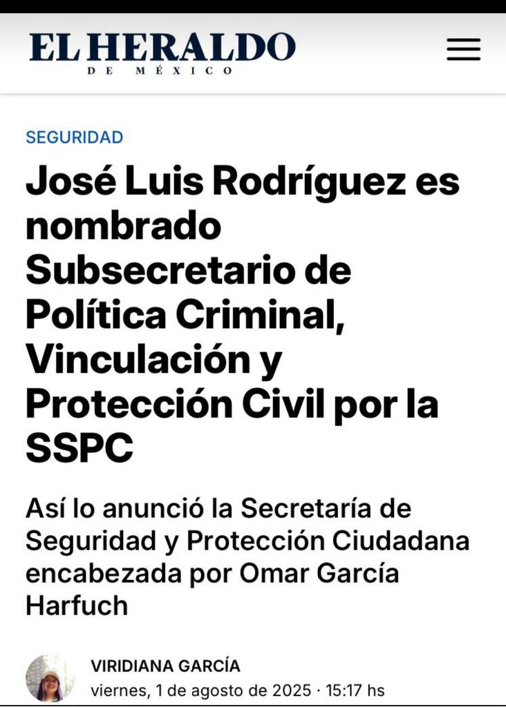 Mi reconocimiento y felicitación al Mtro. <a href="/Luis_diazdeleon/">José Luis Rodríguez Díaz de León</a> por su reciente nombramiento como Subsecretario de Política Criminal, Vinculación y Protección Civil.
¡Mucho éxito en esta nueva etapa!
heraldodemexico.com.mx/nacional/2025/…