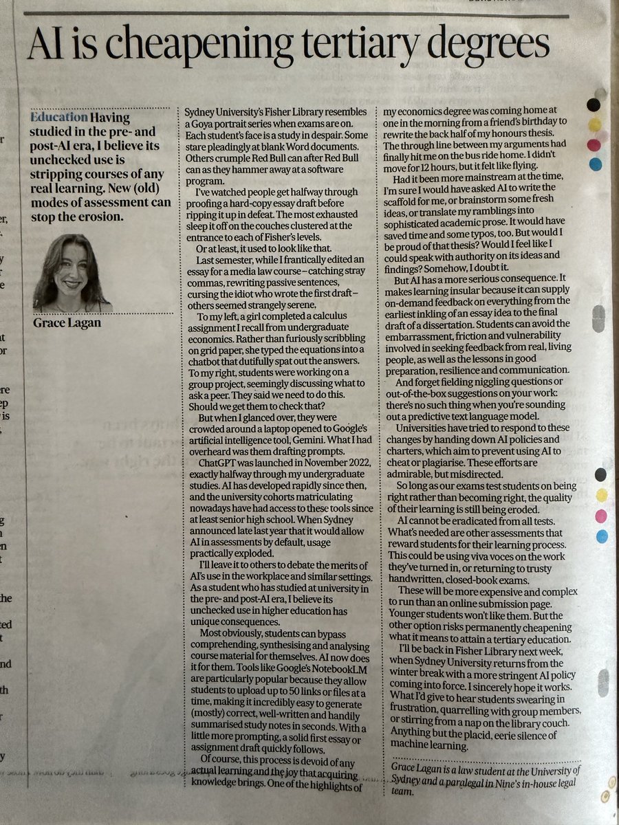 One (smart, ethical, farsighted) student’s view of AI in the academy right now.

A must read from ⁦<a href="/GraceLagan/">grace</a>⁩ #AFR

afr.com/policy/health-… #highered #highereducation #AI #auspol
