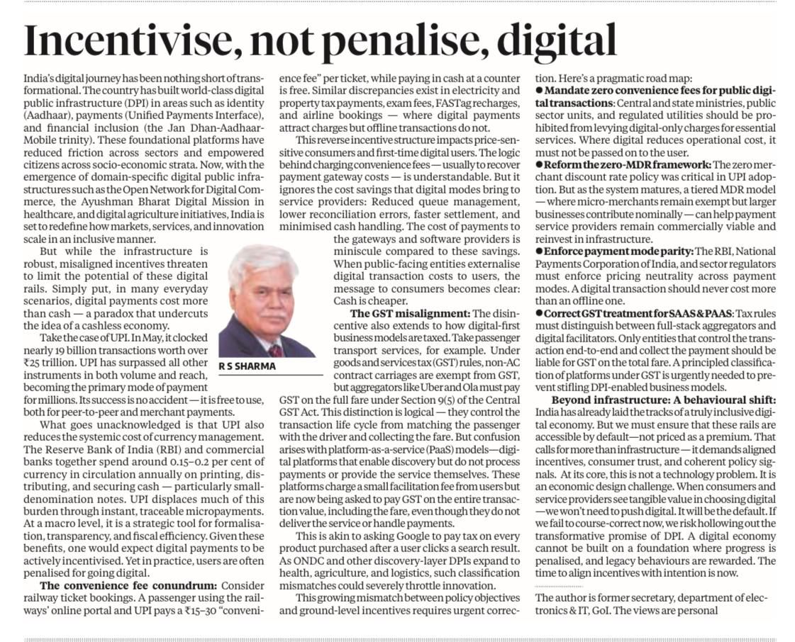rssharma3's tweet image. My op-ed in  Business Standard about the need to incentivise digital transactions rather than penalise them.