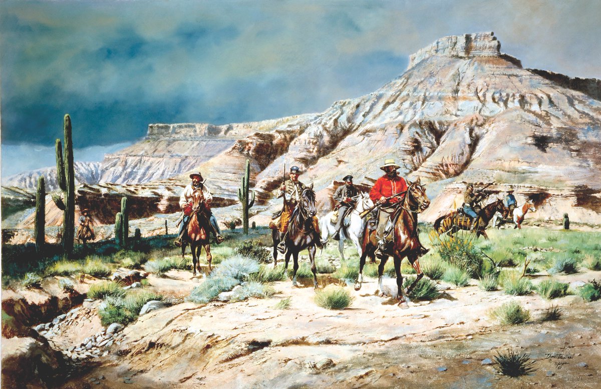 Sherod Hunter’s men from Colonel John Baylor’s 2nd Texas Mounted Rifles, ride among the saguaros in Confederate Arizona Territory.