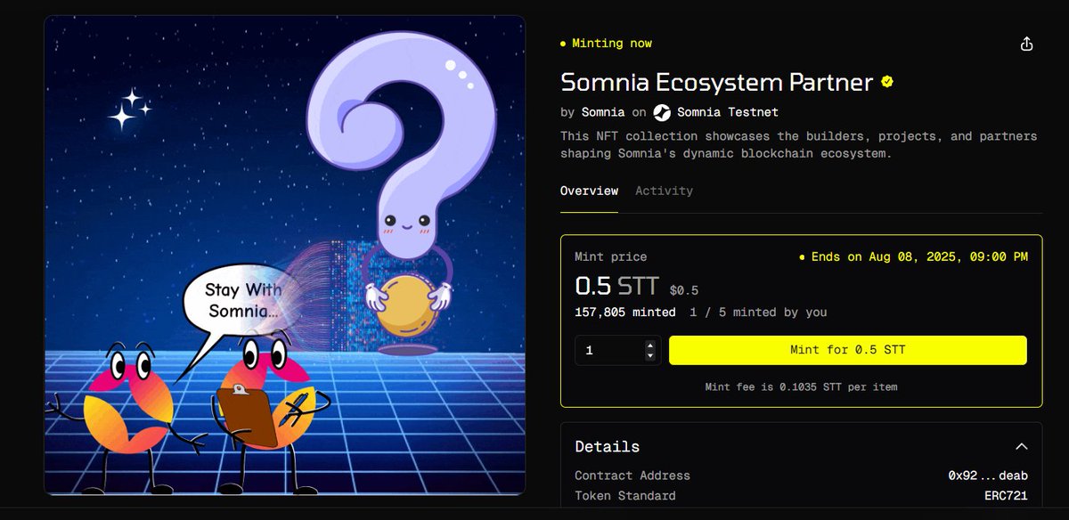 New quest on <a href="/Somnia_Network/">Somnia</a>

1. Mint the "Somnia Ecosystem Partner" NFT collection
quest.somnia.network/campaigns/68

2. Create your NFT
quest.somnia.network/campaigns/69 

Share it on X Use #FavSomniaApp