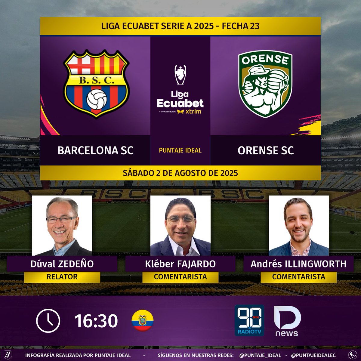 Puntaje Ideal EC (@puntajeidealec) on Twitter photo ⚽ #LigaEcuabet 🇪🇨 | #BarcelonaSC vs. #Orense
🎙 Relator: <a href="/zedenoduval/">Duval Zedeño B</a>
🎙 Comentaristas: <a href="/FajardoBarzola/">Kleber Fajardo Barzola</a> - <a href="/aillingworth96/">Andrés Illingworth</a>
💻📱 <a href="/DNewsSportsEc/">D_News Sports</a> 🔉🎧 (Formato Radio)
YT: youtube.com/c/DIGITALNEWSC…
🤳 #LigaProEnDNews
Dale RT 🔃 ⚽ #LigaEcuabet 🇪🇨 | #BarcelonaSC vs. #Orense
🎙 Relator: <a href="/zedenoduval/">Duval Zedeño B</a>
🎙 Comentaristas: <a href="/FajardoBarzola/">Kleber Fajardo Barzola</a> - <a href="/aillingworth96/">Andrés Illingworth</a>
💻📱 <a href="/DNewsSportsEc/">D_News Sports</a> 🔉🎧 (Formato Radio)
YT: youtube.com/c/DIGITALNEWSC…
🤳 #LigaProEnDNews
Dale RT 🔃