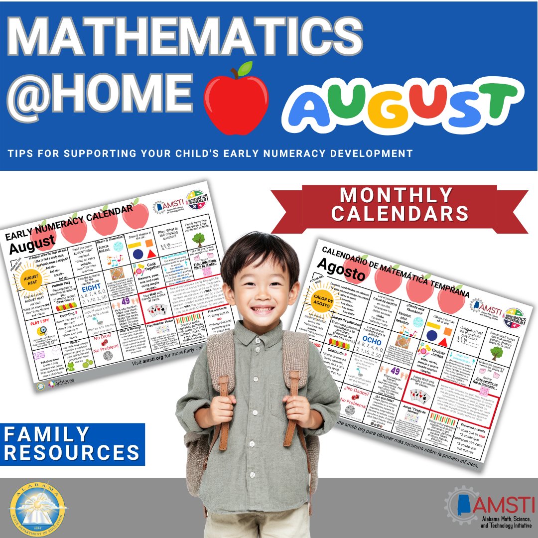 August is back-to-school time! What better way to begin than to start strong with our Early Numeracy Calendar? Commit to easy math activities at home this year to show your child that math is everywhere! bitly.amsti.org/calendars. #AMSTI4all