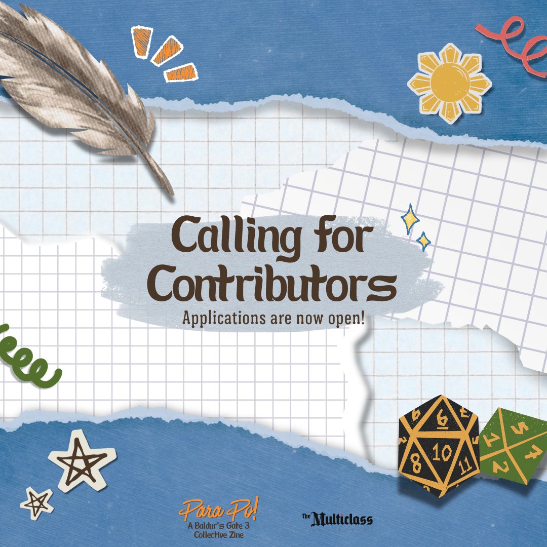 🚙💨 Beep, beep! Ang sabi ng jeep!
Applications are officially OPEN!

Para Po! A Baldur’s Gate 3 Collective Zine is now accepting contributors!

BG3 + Pinoy culture = isang biyahe na hindi mo dapat palampasin! 🌆✨

forms.gle/bBhK4EbCkawbKv…