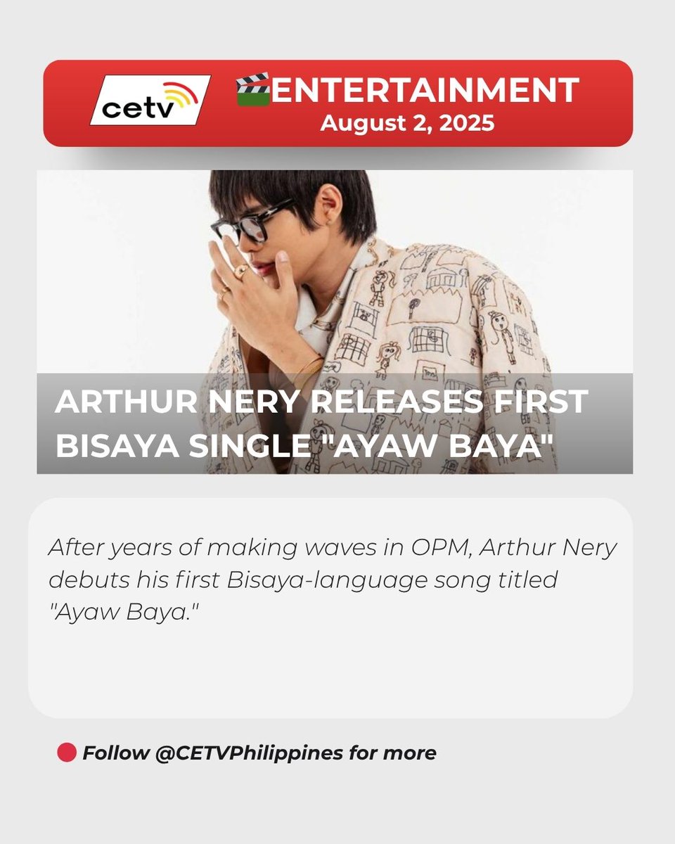 CETV Philippines (@cetvphilippines) on Twitter photo OPM’s top male solo artist Arthur Nery (<a href="/ArthurMNeryy/">Arthur Nery</a>) goes back to his roots with “Ayaw Baya,” his first Bisaya single. Now out via Viva Records! 🎧
Read the full scoop on the FB page of CETV Philippines.
#SeeItOnCETV #OnwardAndFOURward #ArthurNery #BisayaPride OPM’s top male solo artist Arthur Nery (<a href="/ArthurMNeryy/">Arthur Nery</a>) goes back to his roots with “Ayaw Baya,” his first Bisaya single. Now out via Viva Records! 🎧
Read the full scoop on the FB page of CETV Philippines.
#SeeItOnCETV #OnwardAndFOURward #ArthurNery #BisayaPride