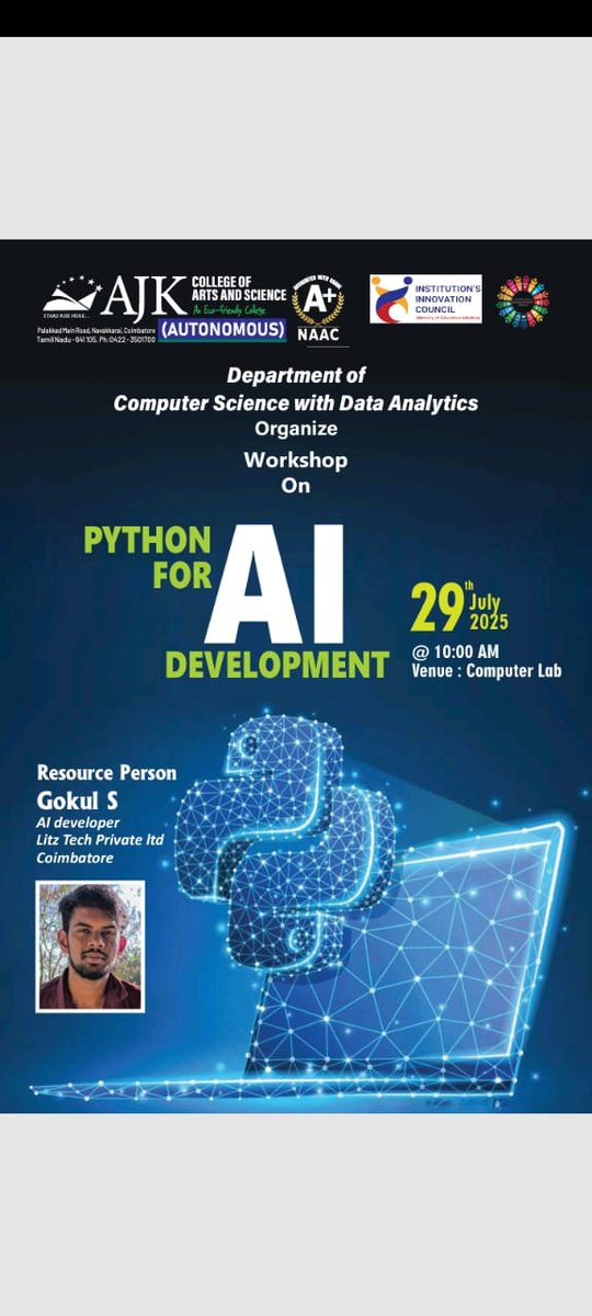 LITZTech's tweet image. Honored to be Guests at AJK College!

We had the incredible opportunity to deliver a guest lecture on &quot;Python with AI – Bridging Logic and Intelligence&quot; at AJK College of Arts and Science. 💻🤖

#CampusConnect #LearningTogether #Litztech