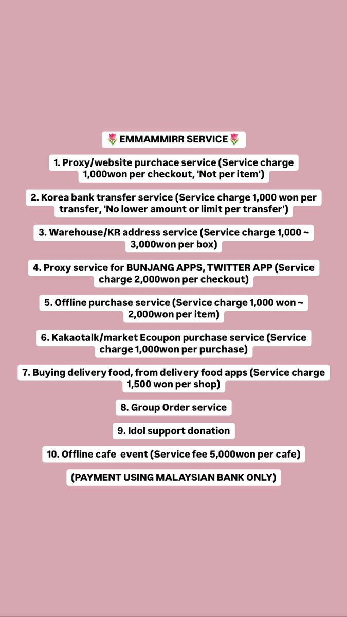 Open as always😊

KR proxy🇰🇷🇲🇾
2 August rate
1,000won = RM3.23

#pasarblackpink #pasarTREASURE #pasarENHYPEN #pasarNCTmy #pasarstraykidsMY #pasarBts #pasarbtsmy #pasartxtmy #pasarivemy #pasarSKZMY #krproxy #malaysiakoreaproxy #mykr #malaysiakoreabanktransfer #pasarplaveMY