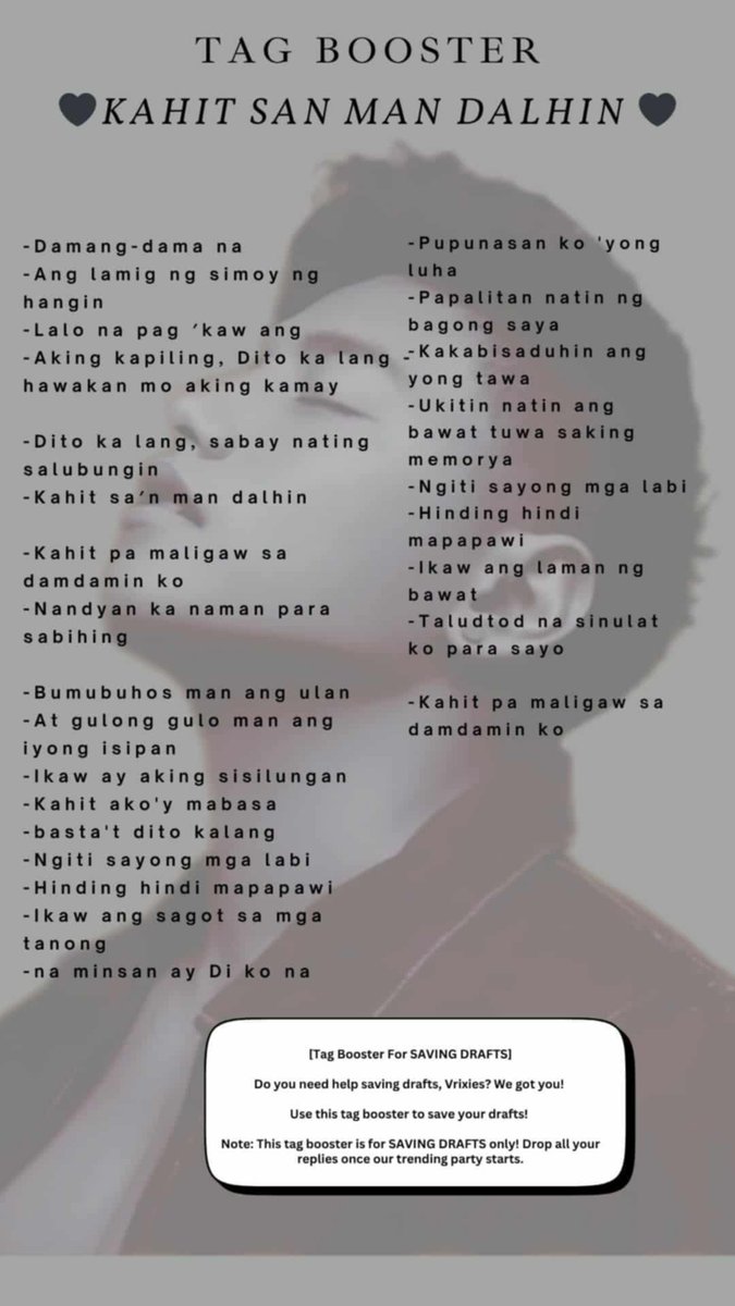 TeamVrix's tweet photo. Tag Booster Two ~ LET'S Sing With Us 
Title: Kahit San Man Dalhin

Don't forget the official hashtag
#VrixGallanoAtGMAGala

Tagline: Vrix At GMA Gala

~ Kindly engage and pls retweet
~ Reply as much as you can

@ItsVrixGallano @TeamVrix https://t.co/c5x7Jc7aPQ