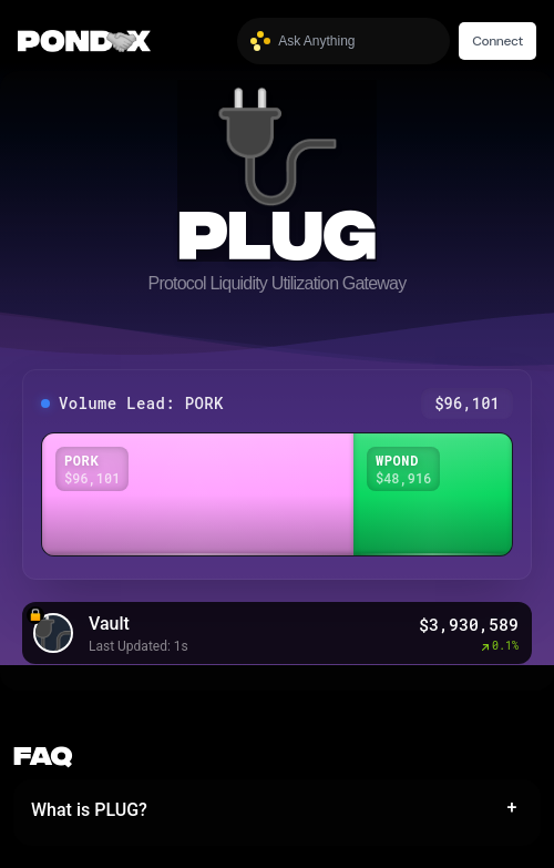 PLUG
🔌🔌🔌🔌🔌🔌

Volume Lead: $PORK
Volume: $96,101

Vault: $3,930,589

$wPOND $PNDC $PORK
More 🤝 More 💧
pond0x.com/swap/solana?re…