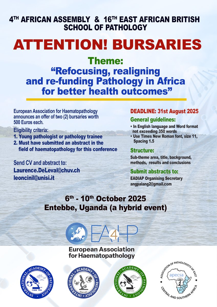 PathologistsOverseas (@path_overseas) on Twitter photo Are you a young pathologist or trainee? Two 500 Euro bursaries are available!
Abstracts and CVS must be submitted by August 31, 2025 to:
Laurence.DeLeval@chuv.ch and leoncinil@unisi.it
Please direct any questions to the contacts listed above. Good luck! Are you a young pathologist or trainee? Two 500 Euro bursaries are available!
Abstracts and CVS must be submitted by August 31, 2025 to:
Laurence.DeLeval@chuv.ch and leoncinil@unisi.it
Please direct any questions to the contacts listed above. Good luck!
