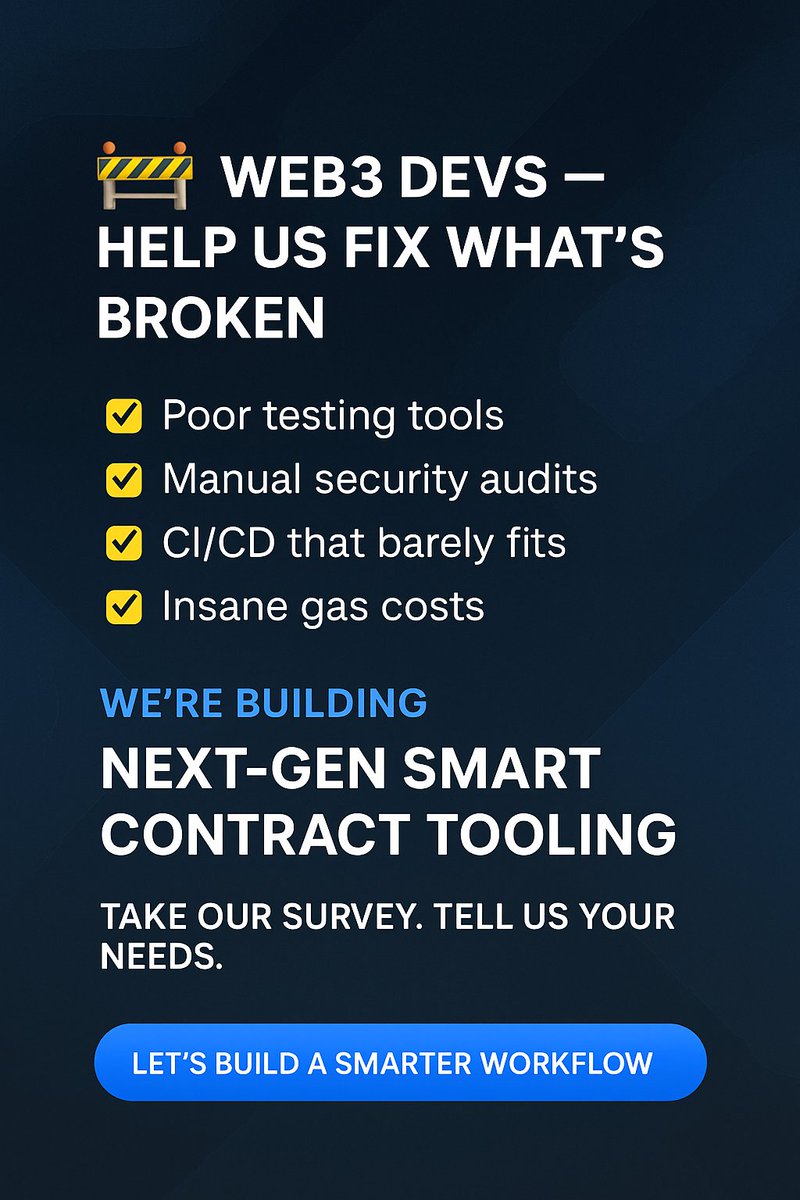 Shazil_web3's tweet image. 🛠️ Web3 devs — let’s fix what’s broken:

🔧 Bad testing tools
🔒 Manual audits
⚙️ Clunky CI/CD
⛽ High gas costs

We’re building next-gen smart contract tooling — and your input matters.

📋 Take the 2-min survey:
👉 lnkd.in/dcW9wFEt

#Web3 #Solidity #SmartContracts
