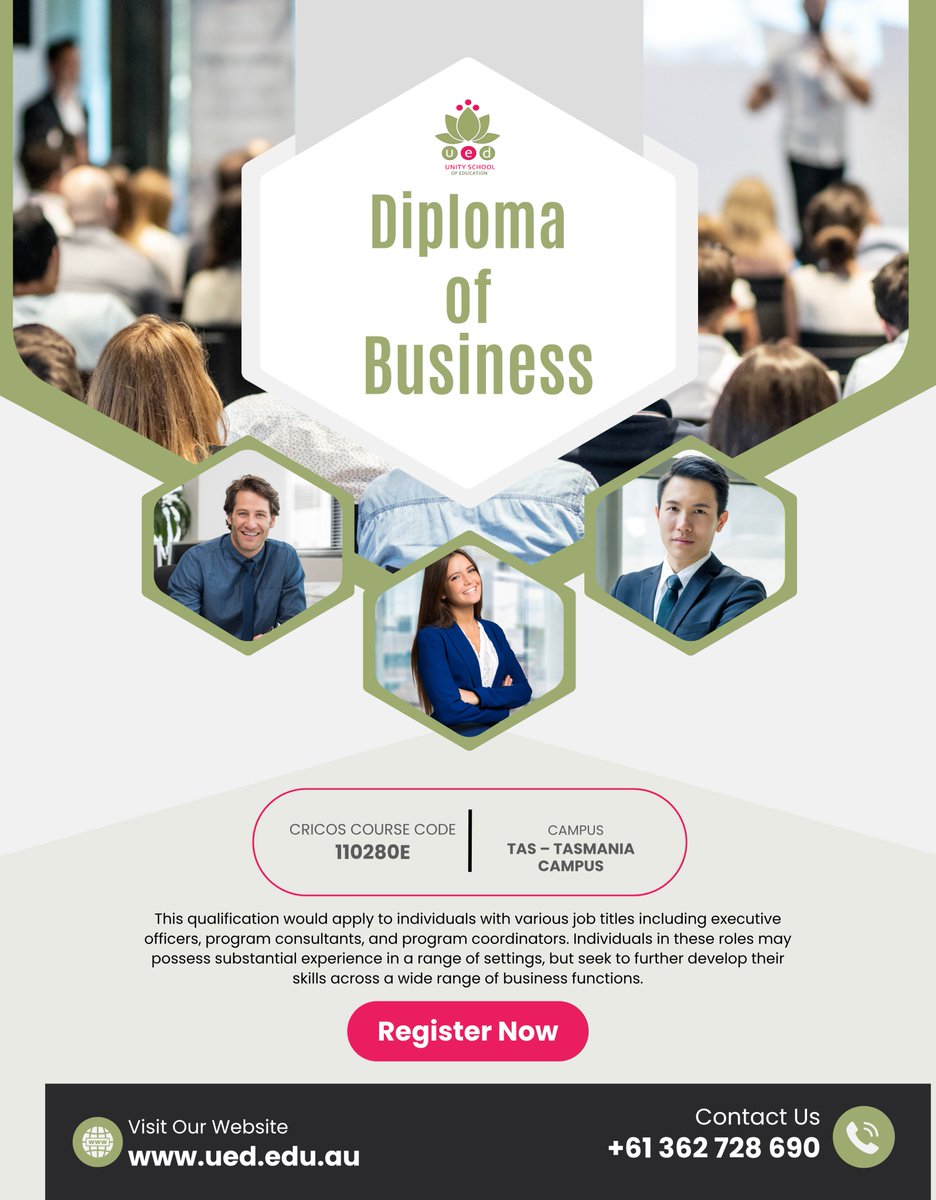UnitySchoolD's tweet image. Ready to take your business career to the next level?
Unlock new opportunities with our Diploma of Business at Unity School of Education – 
📍 Campus: TAS – Tasmania
📘 CRICOS Code: 110280E
🌐 Register now at ued.edu.au
📞 Call us: +61 362 728 690
#BusinessDiploma