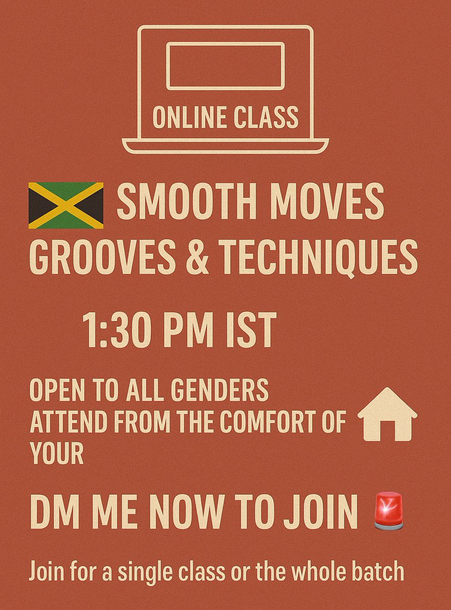 dweetydutta's tweet image. 💻 ONLINE CLASS
🇯🇲 SMOOTH MOVES: Grooves &amp;amp; Techniques
🕜 1:30 PM IST | All genders welcome
Join from home 🏠
DM to hop in 🚨
Single class or batch — your groove, your pace 💃🏽
#Dancehall #OnlineDanceClass #GrooveWithMe