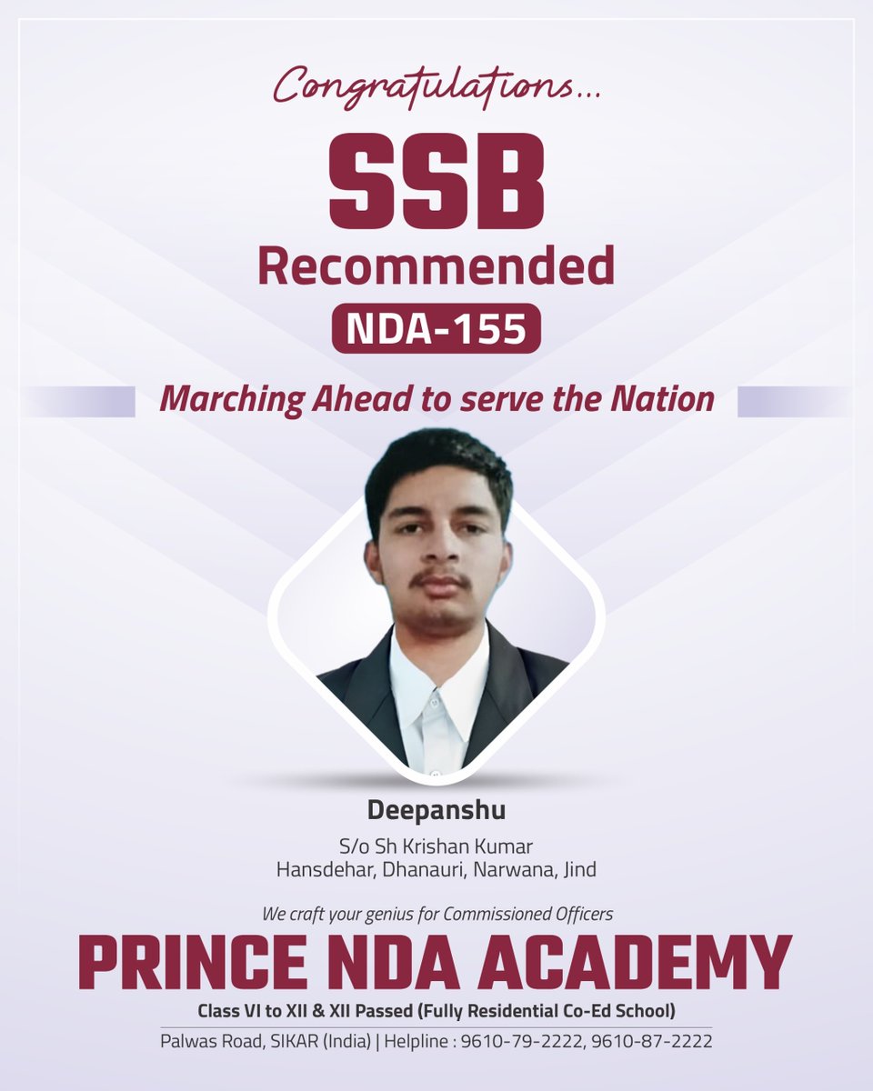 Congrats to Deepanshu from #PrinceNDAAcademy on being SSB Recommended for #NDA155!
Another brave soul ready to serve the nation 🇮🇳
#SSBSuccess #FutureOfficer #DefenceAspirant #SikarPride #IndianArmy