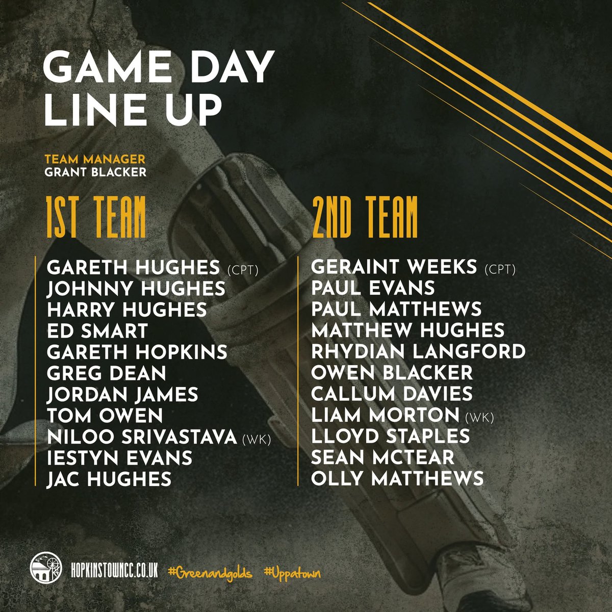 Hopkinstown CC ๐ (@hopkinstowncc) on Twitter photo 1st team
๐ <a href="/LlanarthCC/">Llanarth CC ๐ณ</a> (H)
โฐ 12.30pm
2nd team
๐ <a href="/Croesycc/">Croesyceiliog CC ๐</a> (A)
โฐ12.30pm 1st team
๐ <a href="/LlanarthCC/">Llanarth CC ๐ณ</a> (H)
โฐ 12.30pm
2nd team
๐ <a href="/Croesycc/">Croesyceiliog CC ๐</a> (A)
โฐ12.30pm