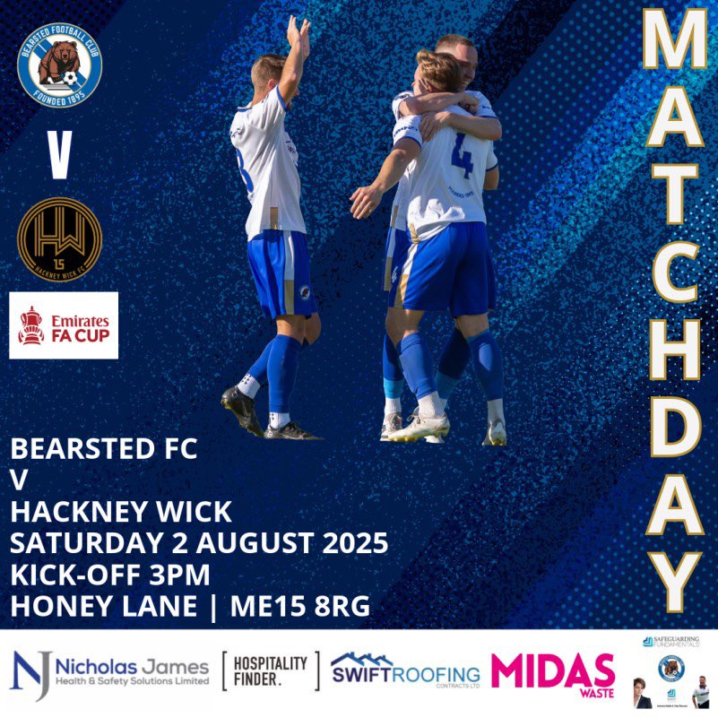 Bearsted_FC's tweet image. MATCHDAY
🆚 @HackneyWickFC
🗓️ Saturday 2 August 2025
⏰ KO 3pm (turnstiles open 2pm)
🏟️ Honey Lane - ME15 8RG
🏆Emirates FA Cup
🍔 Food and drinks available
🎟️ Entry: £10 adults u11 free (with a full paying adult). Card payments only on entry
#bearstedfc #bears #football…