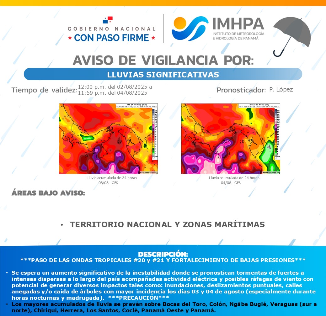 📣 Aviso de Vigilancia por Lluvias Significativas 
Válido desde las 12:00 mediodía del 2 de agosto hasta las 11:59 pm del 4 de agosto.

Pronóstico por la meteoróloga del IMHPA Pilar López.