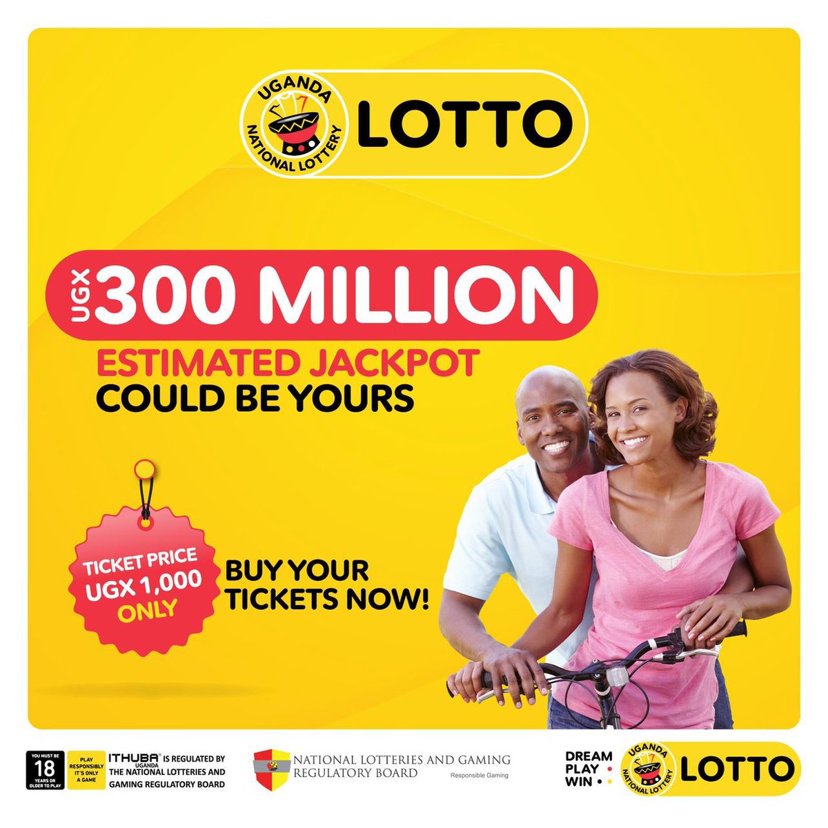 Stand a chance to win a UGX 300 MILLION Estimated Jackpot when you play #LOTTO now.

PLAY NOW at bit.ly/3xoZfdM or dial *278#, *252# (the lifestyle)

Players must be 18 years or older, play responsibly. 
 
#UgandaNationalLottery