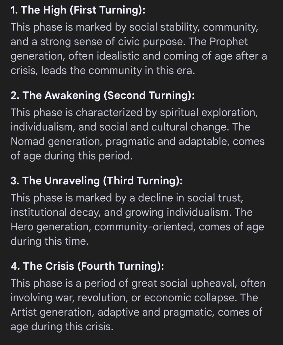 Roe_Baynes (@bayne_roe) on Twitter photo <a href="/robbystarbuck/">Robby Starbuck</a> Have you read The fourth turning by William Strauss and Neil Howe?
Millennials are seen as the Hero generation during the unraveling phase
Gen Z is the artist generation during the crisis phase
Gen Alpha will be the known as the Prophet generation during the High phase and <a href="/robbystarbuck/">Robby Starbuck</a> Have you read The fourth turning by William Strauss and Neil Howe?
Millennials are seen as the Hero generation during the unraveling phase
Gen Z is the artist generation during the crisis phase
Gen Alpha will be the known as the Prophet generation during the High phase and
