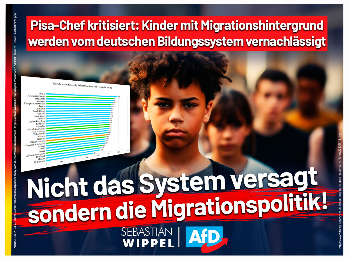 Pisa-Chef kritisiert: Kinder mit Migrationshintergrund werden vom deutschen Bildungssystem vernachlässigt – Nicht das System versagt, sondern die Migrationspolitik!

Andreas Schleicher, Direktor für Bildung bei der OECD und verantwortlich für den Pisa-Test, erhebt in einem