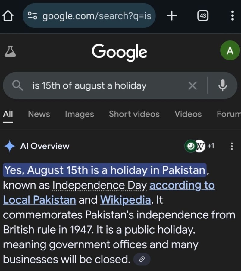 RFirain's tweet photo. #AI may drive cars, picture black holes, give life advice and yet confidently fail "with references" at basic fact grabbing operations. For those who don't know, August 14th is the independence day of Pakistan. https://t.co/EvlciKWGLh