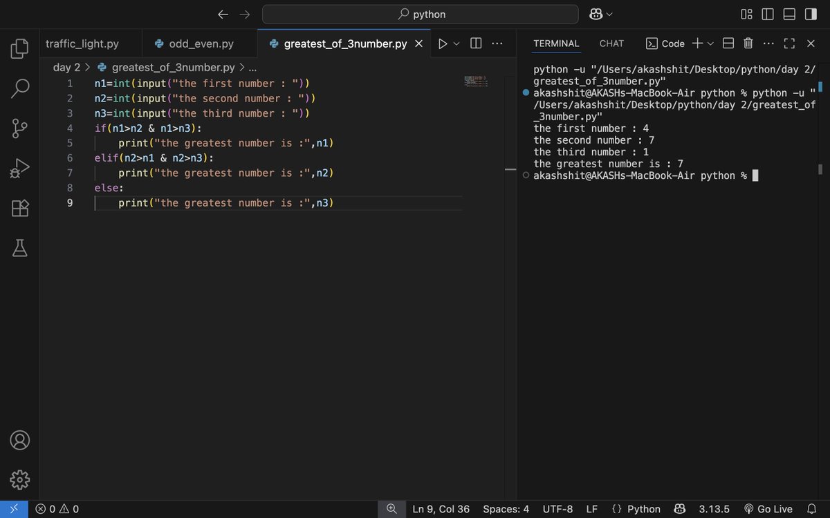 akash31_2004's tweet image. 🚀 Day 4 of #100DaysOfPython
✅learn about conditional statements and string 
Let’s see where this journey goes.
#Python #CodeNewbie #100DaysOfCode