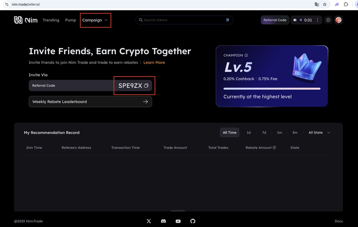 🎉 Miner-Only Referral Rewards Are Now Live!

Starting now, all miners with an invite code can earn 30% of trading fees — without trading themselves!

Just invite others to trade using your unique code (check it on the Campaign page) and earn passive rewards. The more users you