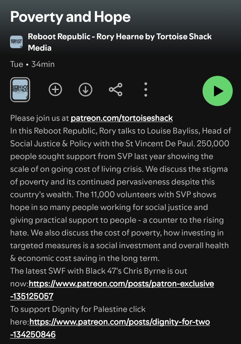 Rory Hearne (@roryhearnegaffs) on Twitter photo In my latest Reboot Republic podcast I discuss the cost of living crisis with Louise Bayliss Head of Social Justice & Policy at St Vincent De Paul.
We discuss the stigma of poverty & it's continued pervasiveness despite this country's wealth.
<a href="/RebootPod/">Reboot Republic</a>
open.spotify.com/episode/3A8RgS… In my latest Reboot Republic podcast I discuss the cost of living crisis with Louise Bayliss Head of Social Justice & Policy at St Vincent De Paul.
We discuss the stigma of poverty & it's continued pervasiveness despite this country's wealth.
<a href="/RebootPod/">Reboot Republic</a>
open.spotify.com/episode/3A8RgS…