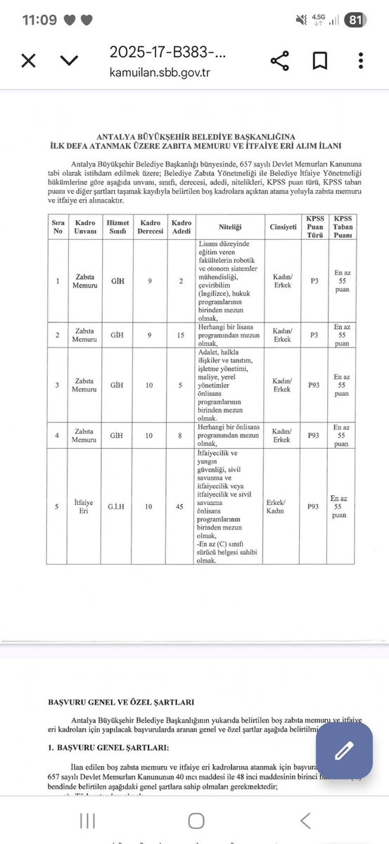 Antalya B. Belediyesi zabıta alım ilanı. 

Zabıta memuru alımı için “robotik ve otonom sistemler mühendisi” olmak şartı koymuş. Bakalım kimler alınacak. 

Hak  ? Hukuk ? Adalet ?
